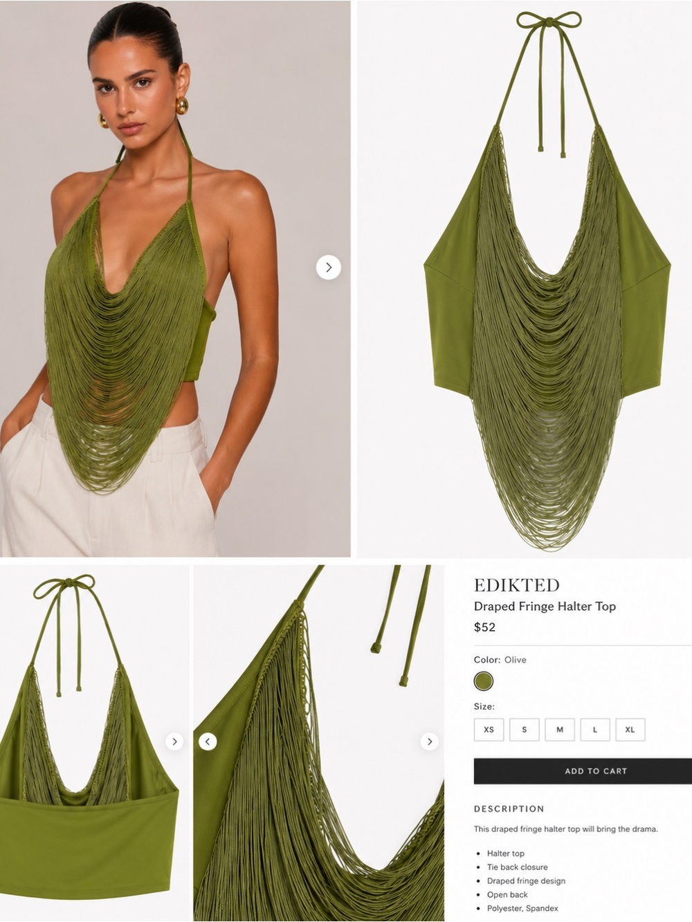 EDIKTED Olive Draped Fringe Halter Cami